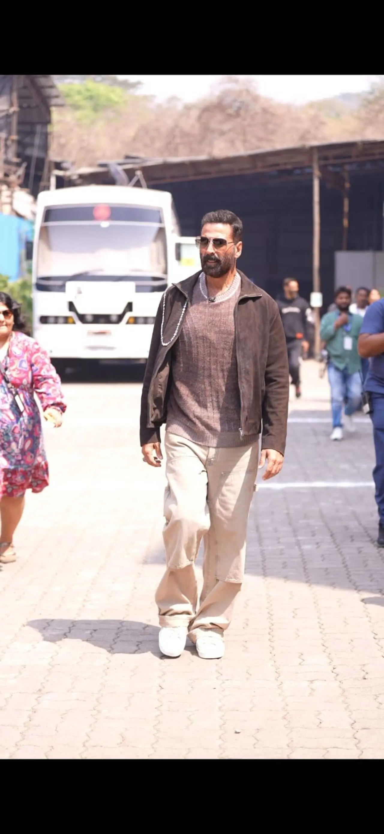 Akshay Kumar was spotted at Wheel of Fortune in a casual look featuring beige pants, a brown T-shirt and a matching jacket.